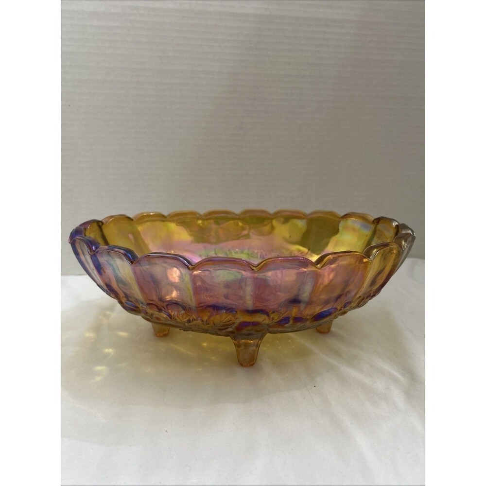 Vintage Carnival Glass Footed Bowl Scalloped Edges Amber Gold 12” X 8.5”